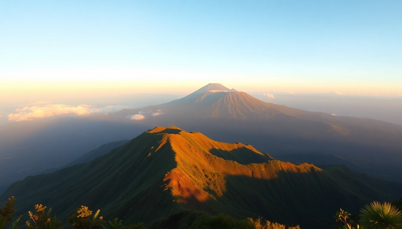 Majestic Mount Rinjani volcano with green slopes and crater at sunrise, Indonesia’s iconic mountain.