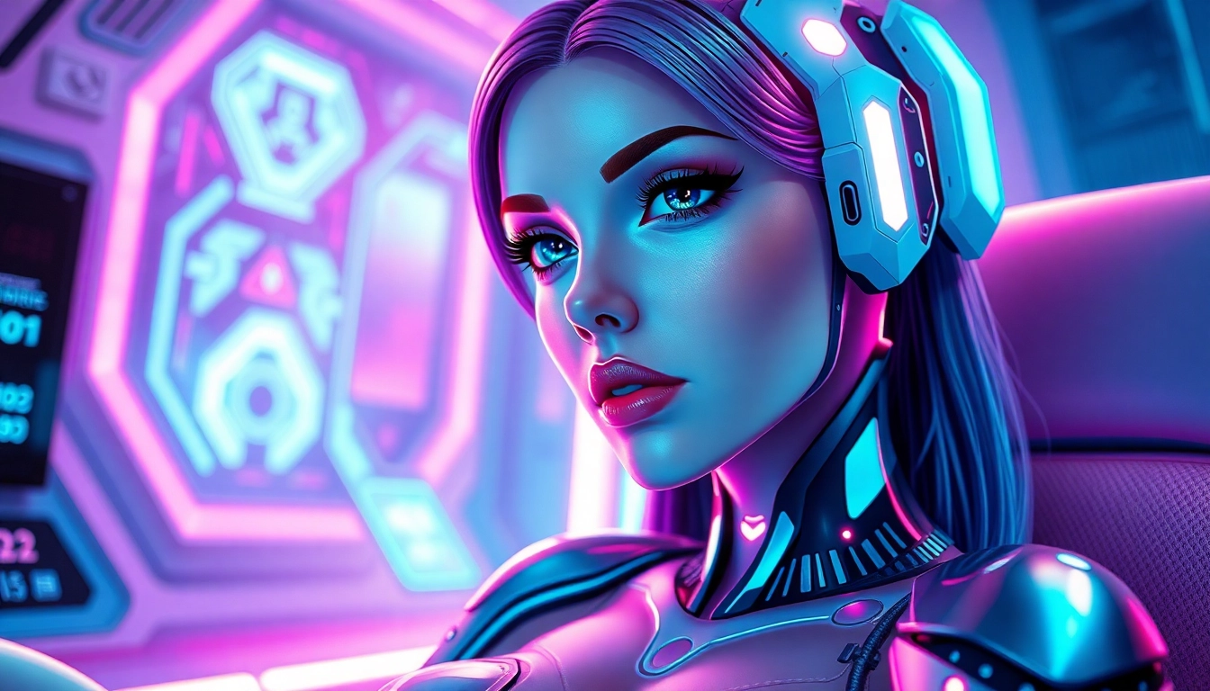 Futuristic AI character in a colorful, high-tech environment with glowing accents and intimate mood.