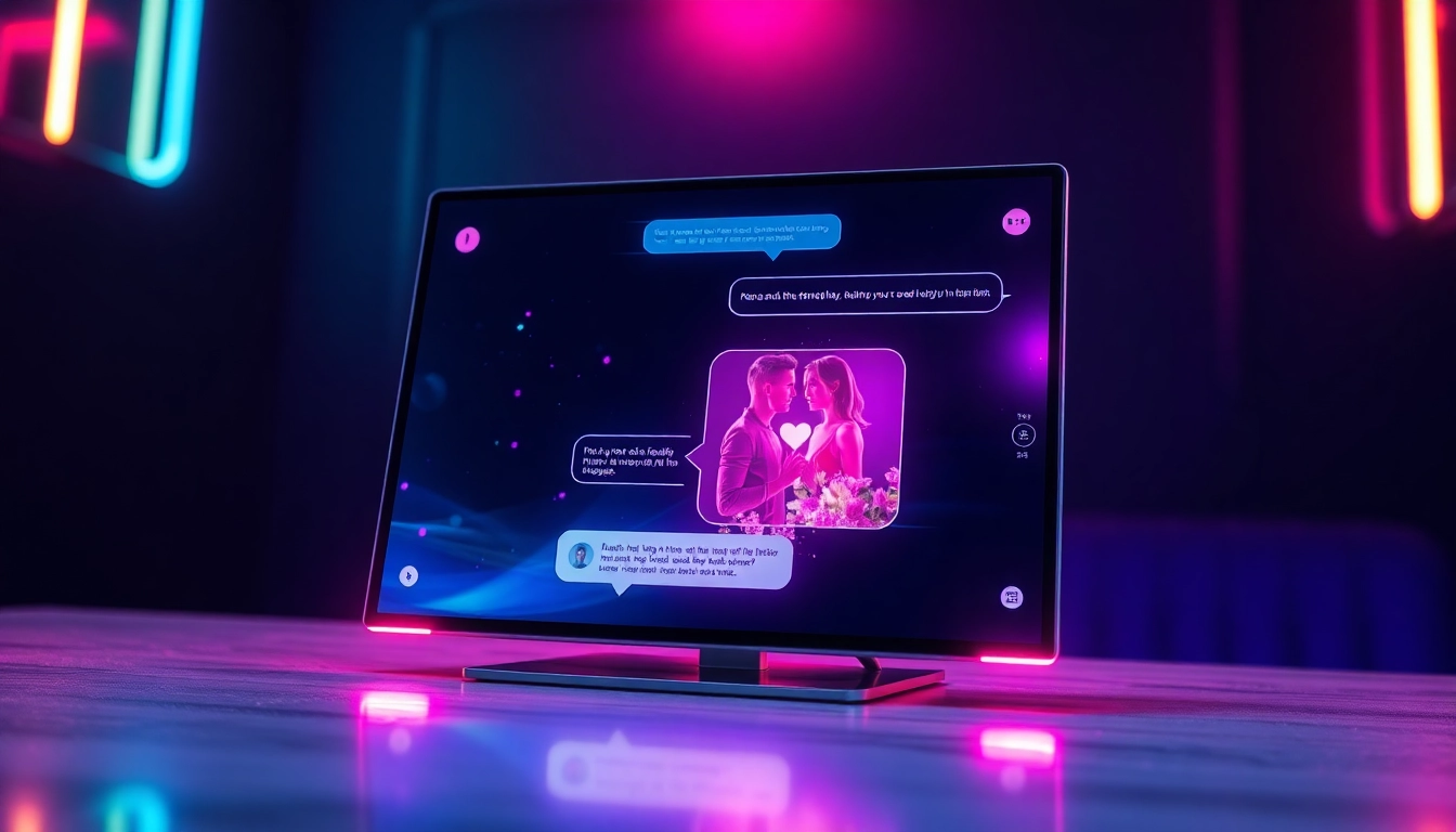 A futuristic AI chat interface with vibrant neon colors, glowing visuals, and a digital environment highlighting advanced NSFW AI interactions.