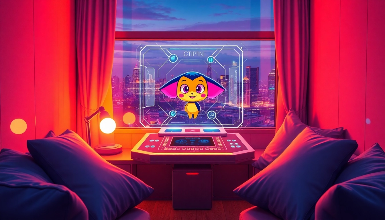 An illustration of a futuristic room with a holographic AI character, glowing lights, and a city skyline at dusk, emphasizing intimacy and advanced technology.