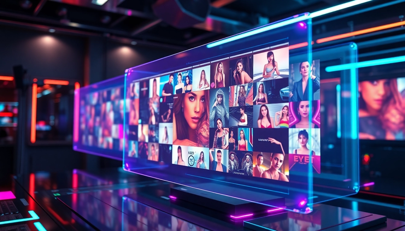 Futuristic AI interface with vibrant holographic displays showcasing images and videos