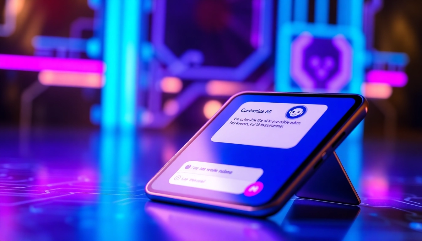 Futuristic smartphone displaying an AI chatbot conversation in a high-tech environment
