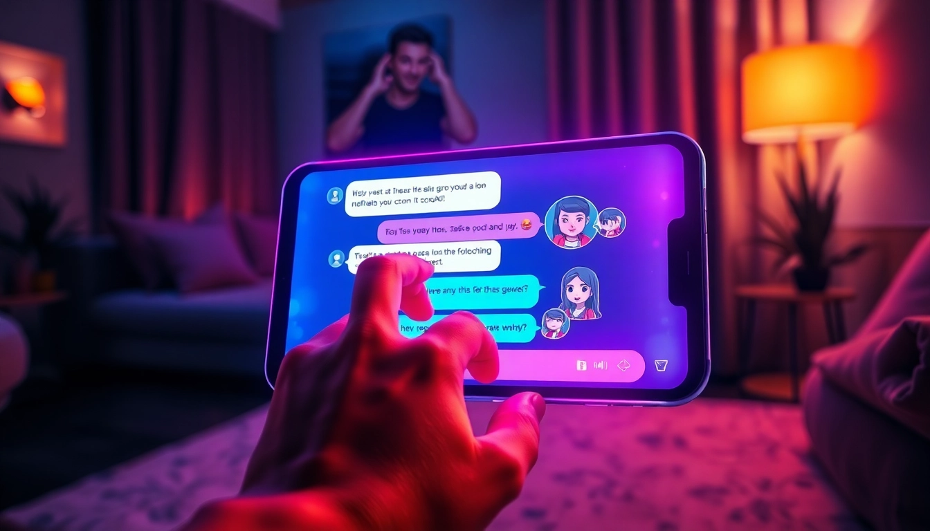 Close-up of a person using a smartphone with a colorful, neon-lit AI chat interface showing spicy conversation bubbles.