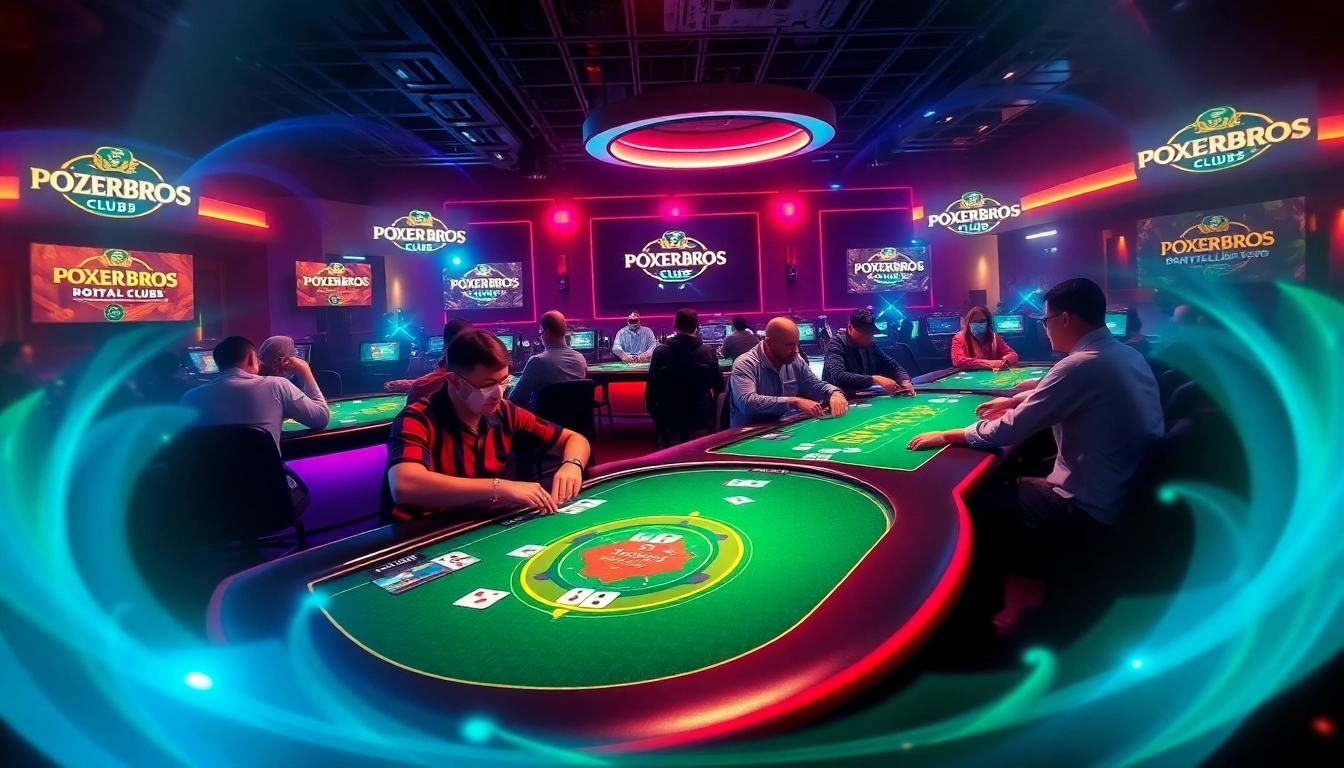 A bustling Pokerbros clubs online platform featuring players and club logos for engaging user experience.