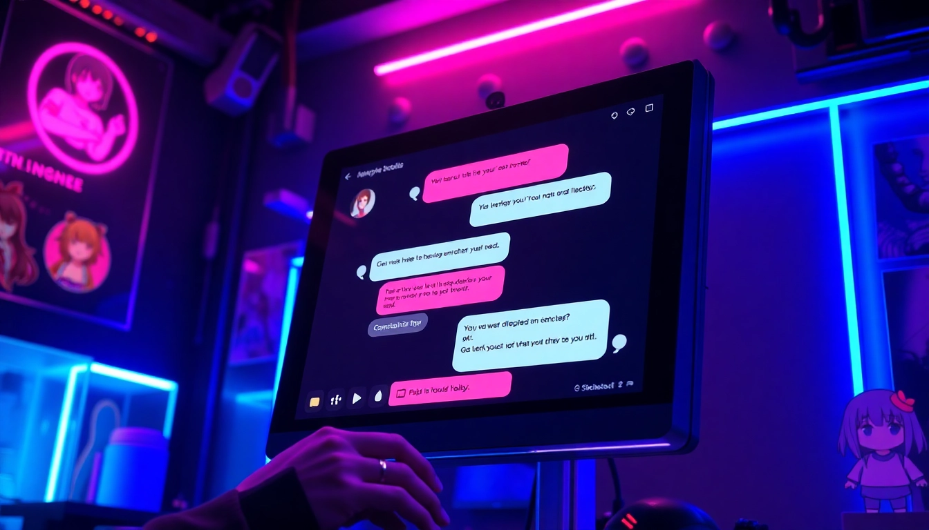 A futuristic digital chat interface featuring anime-inspired characters and vibrant neon colors